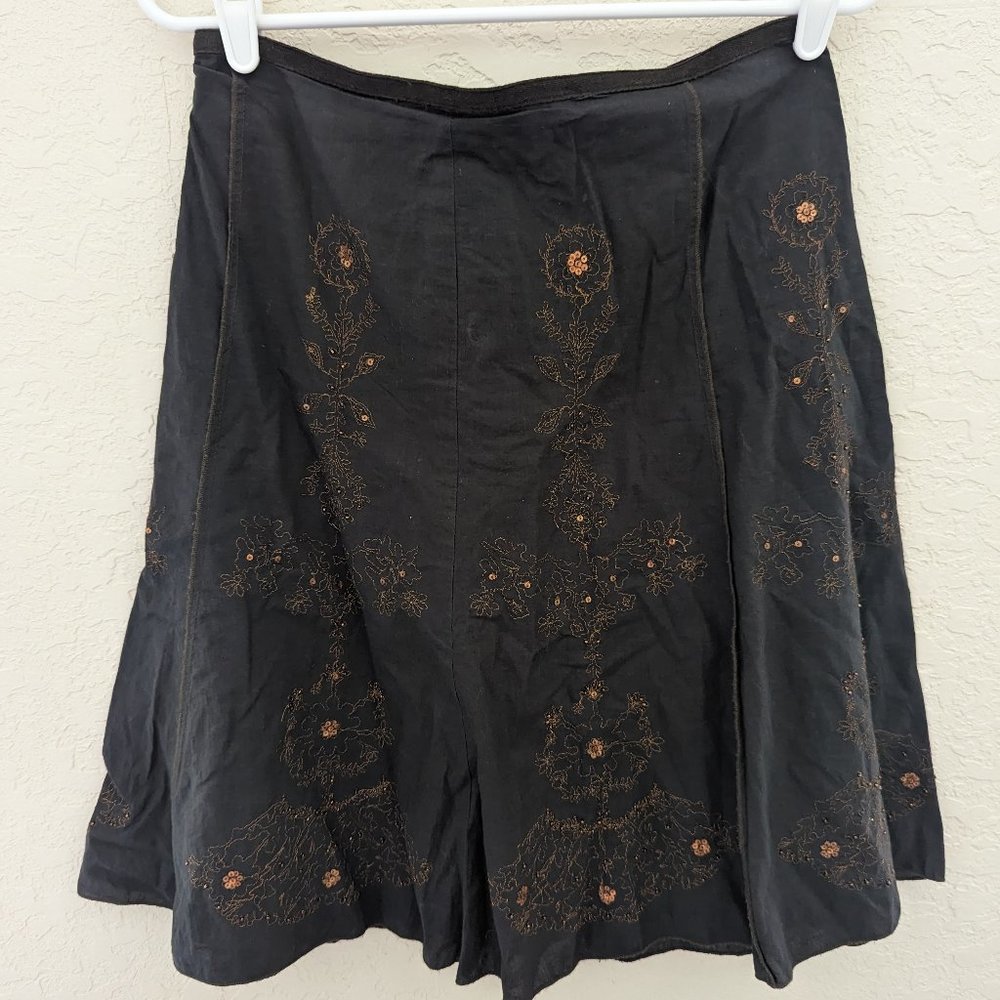 Vintage Liz Claiborne Cotton Skirt with Gold Floral Embroidery Size 4 Petite
